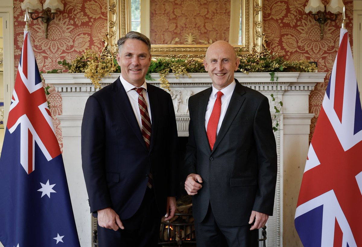 AusHouseLondon's tweet photo. Great to host Deputy PM and Defence Minister @RichardMarlesMP for the first Australia 🇦🇺- UK 🇬🇧 Bilateral Ministerial visit since the 4 July UK Election. https://t.co/37wBEDoSMg