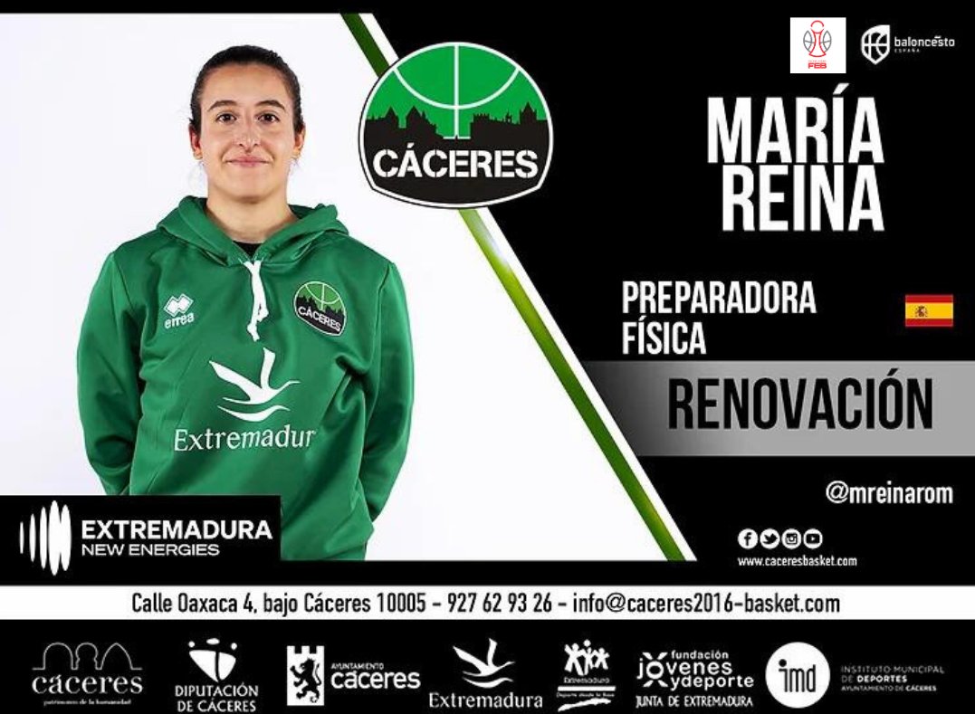 Nuestra <a href="/mreinarom/">María Reina</a> seguirá un año más al frente de la preparación física 👏💚🖤
Seguimos sumando piezas al cuerpo técnico de la 24/25!! Grande María!! 
#Piensaenverdinegro 
Enlace noticia:
caceresbasket.com/post/renovació…