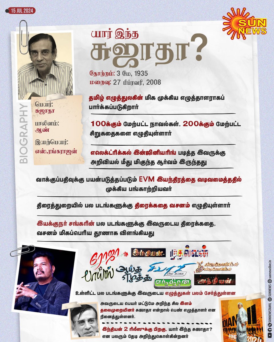 sunnewstamil's tweet photo. யார் இந்த சுஜாதா?

#SunNews | #WriterSujatha | #Indian2