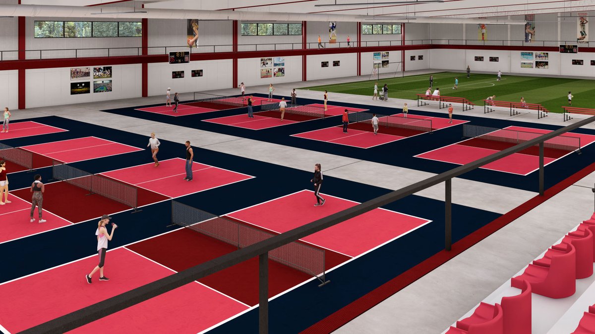 BradMellema's tweet image. A few more renderings of the Veteran’s Village Sports Complex. ~ 210,000 SF indoor complex featuring
35,000 SF turf “field house”
Indoor training, soccer, etc.
8 indoor pickleball courts
16 volleyball courts
8 basketball courts
Indoor elevated walking / running track