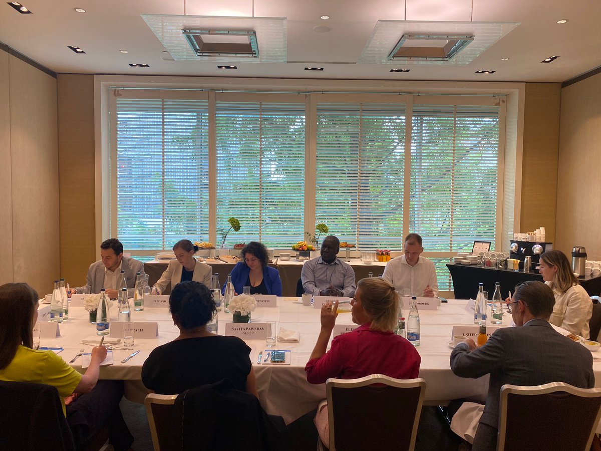 GCR2P's tweet photo. Last week at #HRC56, we hosted a breakfast roundtable to exchange with UN Member States and @GeorgeOkothObbo on @GCR2P's past and upcoming activities at the @UN_HRC to advance #R2P and atrocity prevention efforts for crises around the world. https://t.co/kqEU6LFyXU