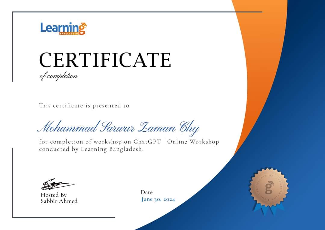 sarowarchy's tweet photo. 🌟 Exciting News! 🌟

I am thrilled to share that I have successfully completed an online workshop on ChatGPT conducted by Learning Bangladesh! 

#AchievementUnlocked #ChatGPT #OnlineWorkshop #digitalcrewit
#AchievementUnlocked #LearningBangladesh #ChatGPT #OnlineWorkshop https://t.co/uMxEJjkK0r