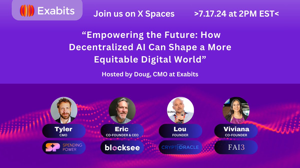 exa_bits's tweet photo. Join us for a thought-provoking panel discussion on the profound impact of decentralized AI in creating a more just and inclusive digital future. Our panelists from https://t.co/grPP0KheiE, https://t.co/sb19HZCG66,  https://t.co/R4ZzuAroyQ, and https://t.co/fimudWEDLQ will share their insights on how decentralized AI can break down barriers, foster innovation, and empower individuals and communities. We'll explore the ethical implications, the potential for widespread positive change, and the steps we can take to ensure that AI serves the many, not the few.

📅Date: July 17th at 2 PM EST

🗣️Speakers: 
- Tyler Roessel @Tyler_Roessel , CMO of   @Spending_Power 
- Eric Forst @eforst, Co-Founder and CEO of @blockseeCRM 
- Lou Kerner @loukerner, Founder of @CryptoOracle_  
- Viviana Siless  @vsiless , Co-Founder of FAI3

🗣️Host: Doug Keeney @dougkeeneypdx, Exabits’ CMO

Don't miss out on this exciting conversation!