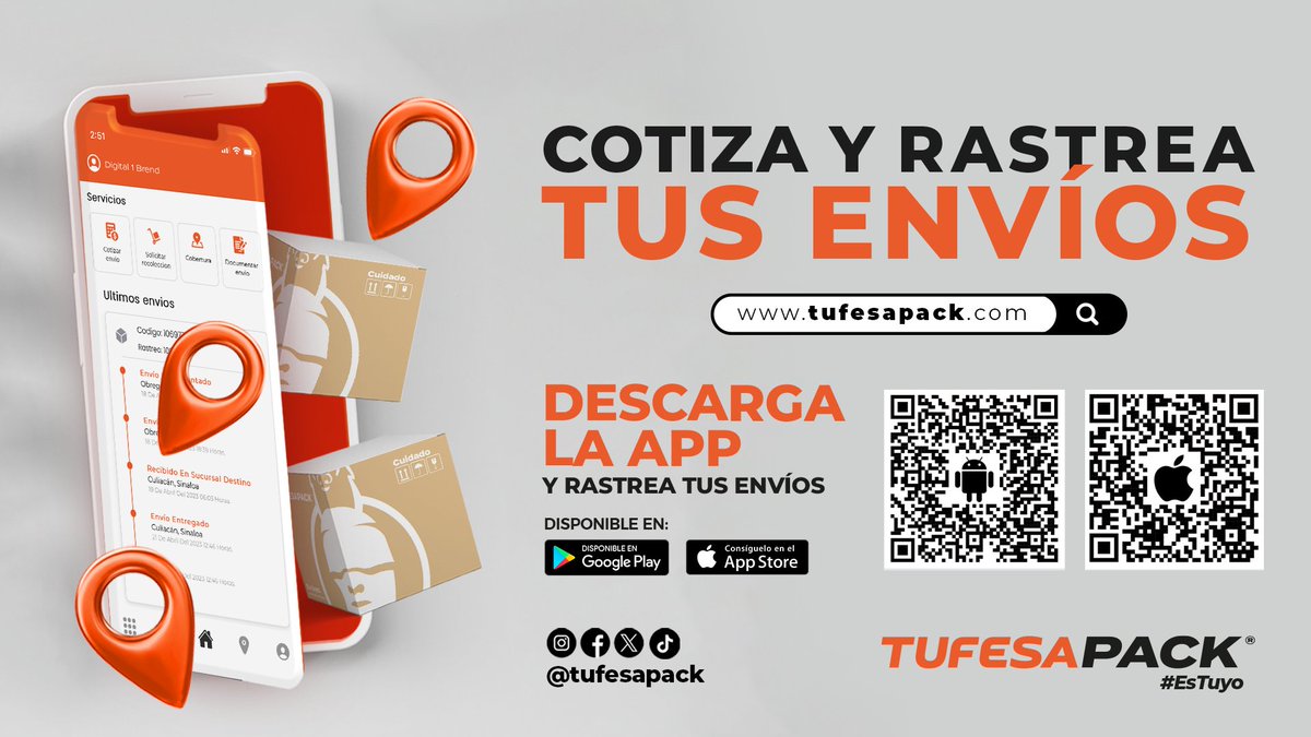 TufesaPack's tweet photo. De manera fácil 👍, #cotiza y #rastrea tus #envíos 📦 desde nuestra #app 🤳, descárgala ya escaneando los QR de la imagen.

#TufesaPack #EsTuyo #EnvíosRápidosySeguros #Paquetería #Mensajería #Carga https://t.co/UvYhcSW3rv