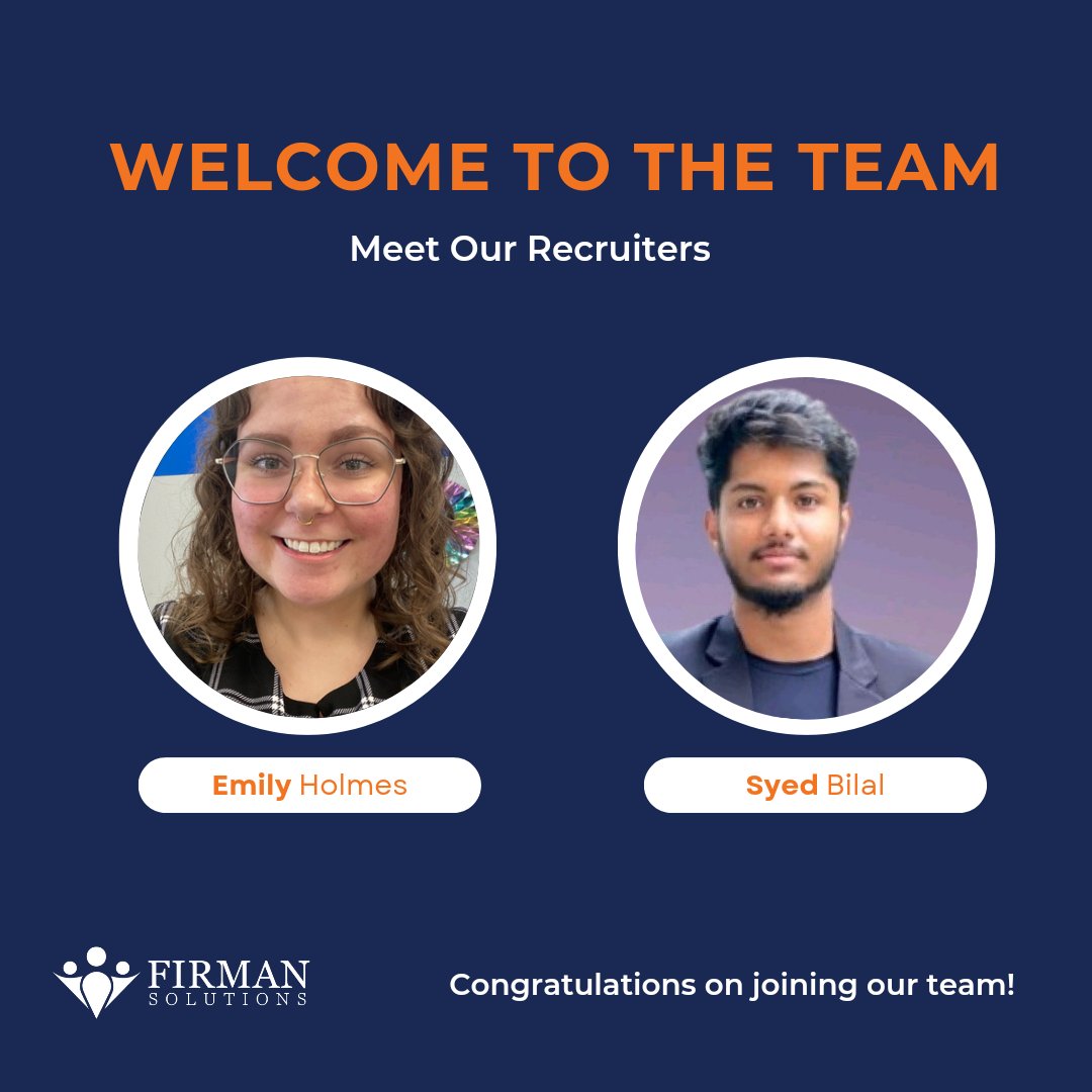 FirmanSolutions's tweet photo. Welcome to the Team!

We are thrilled to introduce our newest recruiters, Emily Holmes and Syed Bilal. 

Congratulations on joining our team! We are excited to see the amazing contributions you will bring to Firman Solutions. 
#MeetOurRecruiters #FirmanSolutions #RecruitmentTeam https://t.co/1SjHlSJJTl