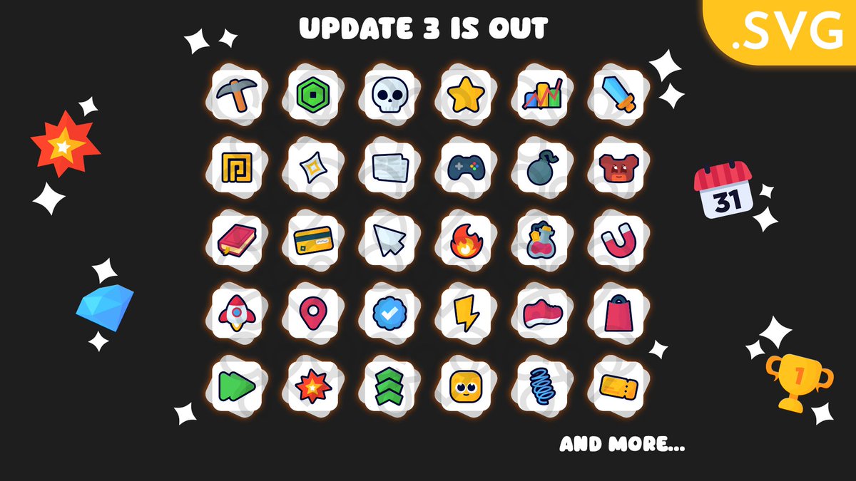 gvesster's tweet photo. ✨ Gvesster Icon Pack | UPD 3

🎉 Update 3 is OUT RIGHT NOW🎉 

♻️ Refreshed ALL 80% ➡️ 100% of the pack!
💥 Each icon is now in .SVG, so now you can edit them!
🎨 Added MORE NEW icons!

🔗 Link: https://t.co/haaZWuEHGS

#RobloxDev | #Roblox | #RobloxArts | #RobloxGFX | #RobloxUI https://t.co/Q0mHOwQuFK