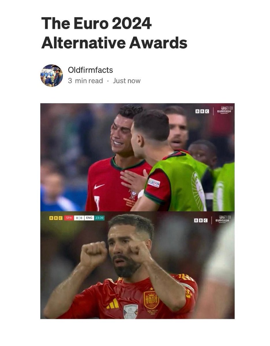 23 awards, including: 

. Least Dignified Exit
. Most Needlessly Wasted Pints
. Least Serious Team
. The Spirit Of Mark Lawrenson Award

It's the completely unbiased Euro 2024 Alternative Awards

oldfirmfacts1.medium.com/the-euro-2024-…