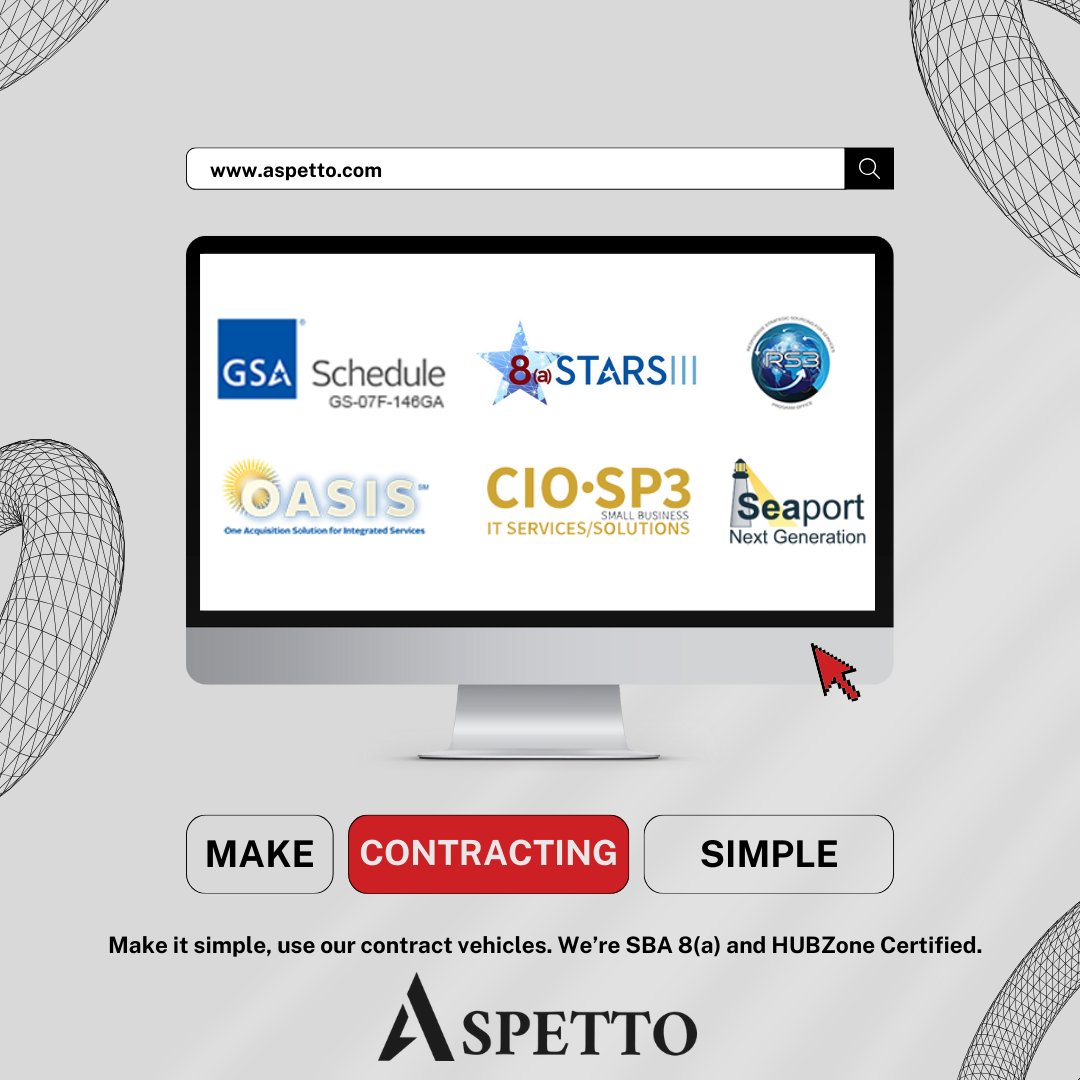 Aspettoinc's tweet image. Utilize our extensive contract vehicles including GSA, 8a STARS III, OASIS, RS3, SeaPort Next Generation, and CIO SP3. Aspetto is proud to be SBA 8(a) and HUBZone Certified, ensuring top-tier service and solutions for your needs. #Aspetto #ContractVehicles #TechToTactical