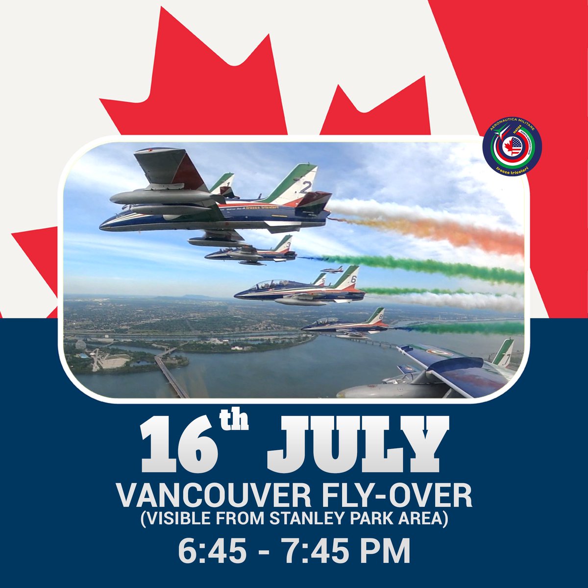ItalianAirForce's tweet photo. L’#AeronauticaMilitare a Vancouver 🇨🇦 per il sorvolo delle @FrecceTricolori, in tour in Nord America per tutta l’estate. 

Vivi il #NorthAmericaTour delle #FrecceTricolori

#AeronauticaMilitareNelMondo #Nat24 #AmbasciatoriItalianiNelMondo https://t.co/o1OIGmUdUr