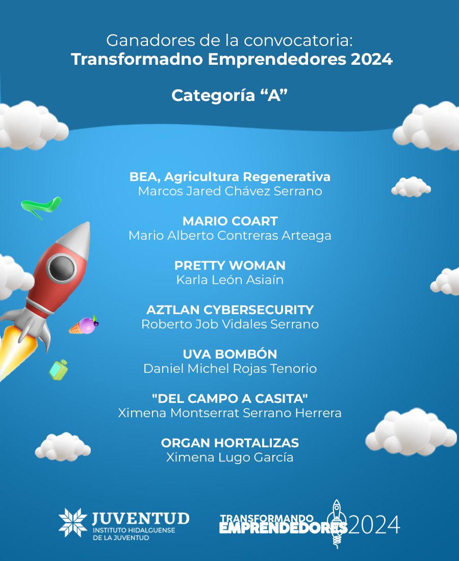 📣 ¡Una de las noticias más esperadas! 🤩
✨ ¡Tenemos ganadores de Transformando emprendedores! 🚀
Felicitamos a las juventudes hidalguenses seleccionadas, que recibirán un apoyo de 20 mil pesos. 
🙌🏼 ¡Nos enorgullece ser parte de su camino al éxito! 📈
🏆 ¡FELICITACIONES! 🏆