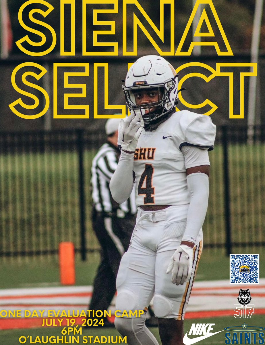 Our final camp of the summer is coming up this FRIDAY! Come out and show your skills as you work one on one with every Siena Heights coach.

Every year more than $500,000 in scholarships are earned here!

More information at…
shusaints.com/sports/fball/c…

#ONE💛💙 #JoinTheHunt🐺