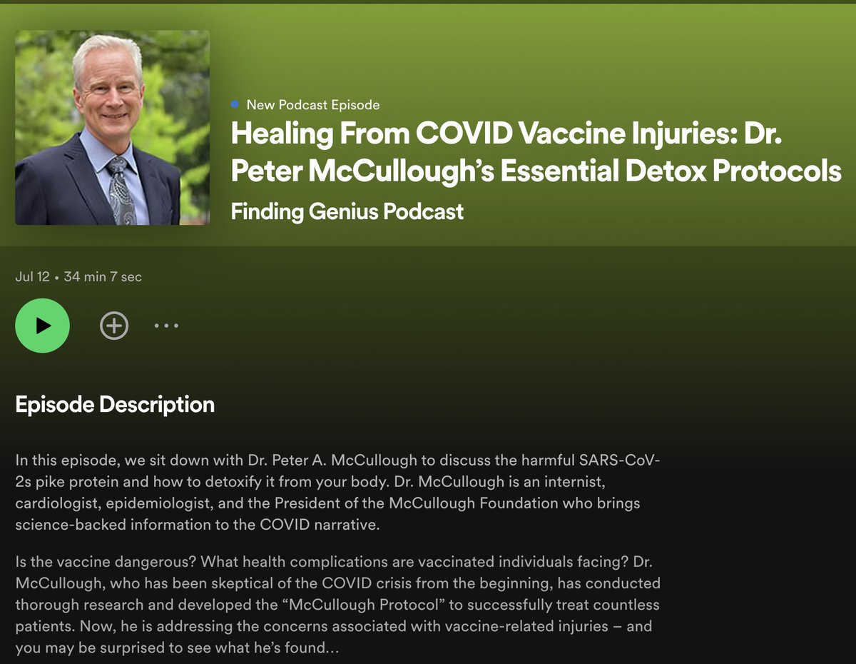 McCulloughFund's tweet photo. Finding Genius Podcast - Healing From COVID Vaccine Injuries: Dr. Peter McCullough's Essential Detox Protocols

"In this episode, we sit down with Dr. Peter A. McCullough to discuss the harmful SARS-CoV-2s pike protein and how to detoxify it from your body. Dr. McCullough is an internist, cardiologist, epidemiologist, and the President of the McCullough Foundation who brings science-backed information to the COVID narrative."

@finding_genius 

Listen here: https://t.co/miDRaKSAs6 
or 
https://t.co/3FC7cecfCf

#MFEducation