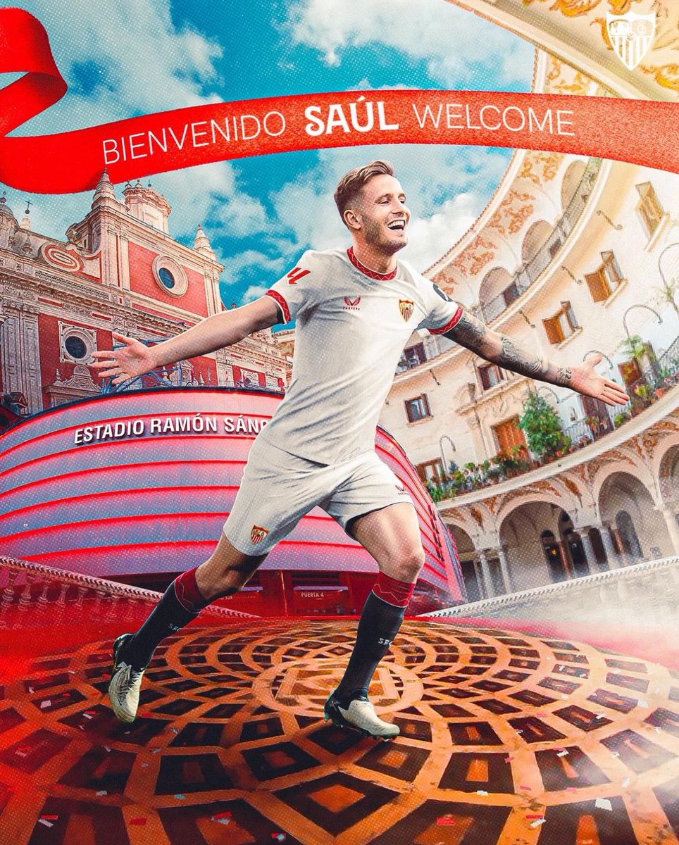 FabrizioRomano's tweet photo. 🔴⚪️🤝🏻 Official, confirmed. Saúl joins Sevilla from Atlético Madrid, deal signed today. https://t.co/jYuhDPLLhK