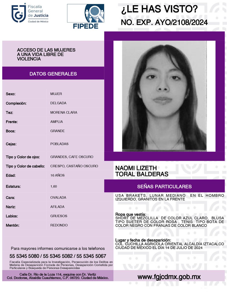 MetroCDMX's tweet photo. La @FiscaliaCDMX activa la #AlertaAmber para localizar a Naomi Lizeth Toral Balderas, fue vista por última vez el día 14 de julio 2024 en la colonia Agrícola Oriental, alcaldía Iztacalco. https://t.co/r2hsYSRRA1