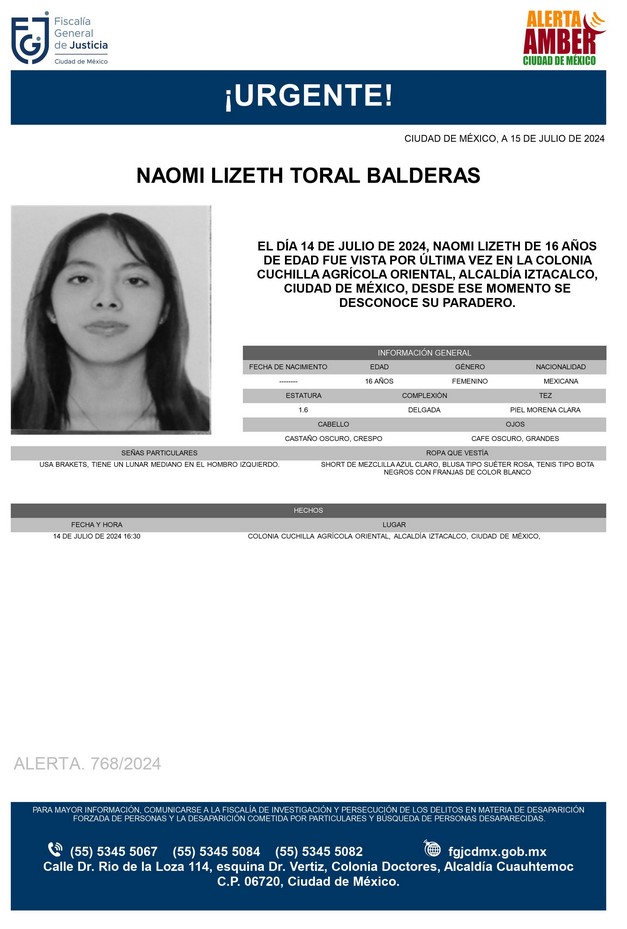 MetroCDMX's tweet photo. La @FiscaliaCDMX activa la #AlertaAmber para localizar a Naomi Lizeth Toral Balderas, fue vista por última vez el día 14 de julio 2024 en la colonia Agrícola Oriental, alcaldía Iztacalco. https://t.co/r2hsYSRRA1