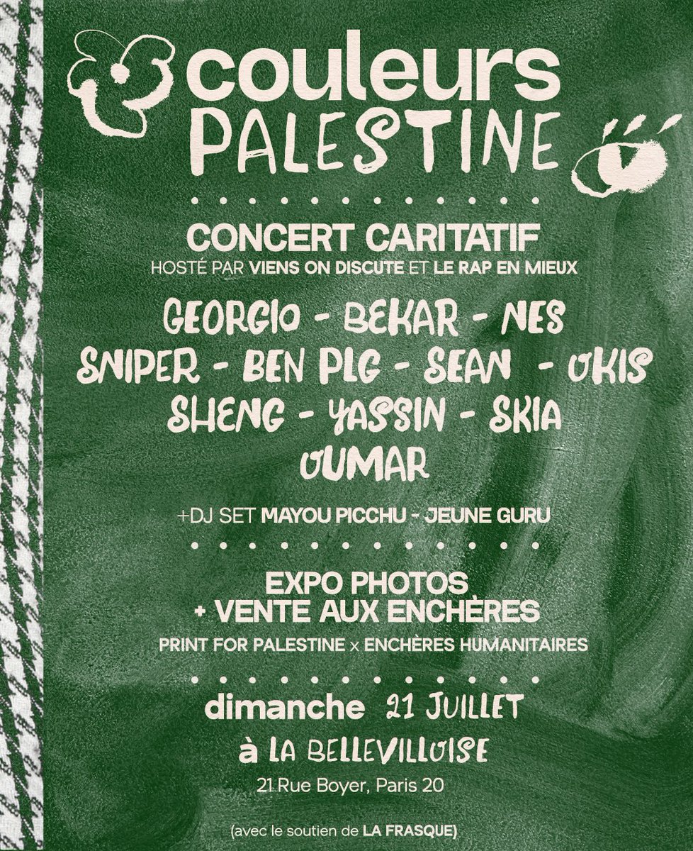 enchereshuma's tweet photo. @Georgioxv3 vient compléter la programmation de Couleurs Palestine 🇵🇸

Retrouvez le ce dimanche 21 Juillet a La Belleviloise https://t.co/fZPPhFwHCt