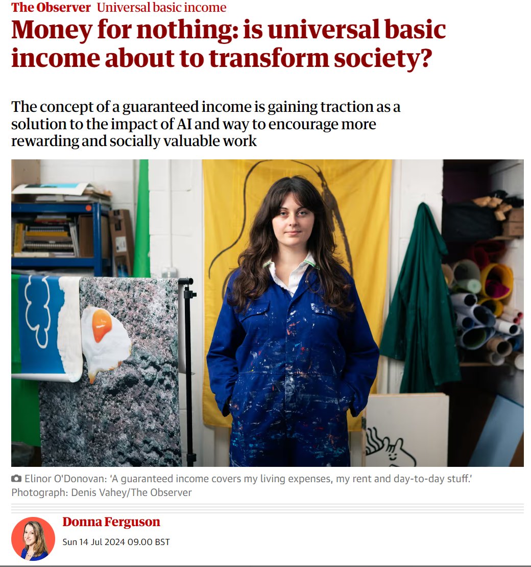 floydmarinescu's tweet photo. Bravo @guardian 💯

This article has the proper framing of UBI that advocates should adopt: as compensation to citizens for the enclosure of our common wealth — this includes land, natural resources, and AIs trained on humanity. Sadly, the title doesn't reflect this: It's not money for nothing, it's dividends to citizens as shareholders.

"The concept of a guaranteed basic income might seem novel or neoteric, but it dates back to 1795, when the American founding father Thomas Paine suggested a “national fund” should pay every adult “rich or poor” a “ground rent” of £10 a year until the age of 50. Earth is “the common property of the human race”, he argued, so everyone has been collectively dispossessed by “the introduction of the system of landed property” and was entitled to compensation."

"Howard [Dr. @NeilPHoward] likens the large language models of AI that rely on the aggregated collection of human knowledge to the enclosure of the commons, which began in the 1600s and privatised most of England’s common land. “The common wealth of the world and of humanity, should, by rights, belong to all of us,” says Howard. “It has been appropriated by the few – and that leads the many to either have to struggle to survive or simply not effectively do so. So there’s justice underpinning the claim of UBI."

We should distinguish UBI as social dividends from common resources, from the more commonly referred-to Guaranteed Basic Income (i.e. what politicians usually mean when they say UBI), an anti-poverty measure to help those most in need. The former is a universal payment to citizens that should be viewed as a form of property right, by virtue of our co-inherited wealth from nature, technology, and society as a whole; the latter is a poverty alleviation program, so that everyone can enjoy equality of opportunity to pursue their potential.

As advocates and policymakers continue the important work towards Guaranteed Basic Income to solve poverty, there's a growing parallel movement for UBI dividends to give everyone a stake in an automating economy. It's how we realize the potential of technology to shorten workweeks and the path to a Star Trek future of shared abundance.