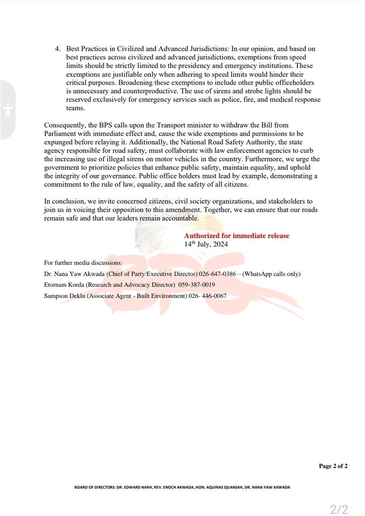 BPSGhana's tweet photo. WITHDRAW ROAD TRAFFIC REGULATIONS AMENDMENT EXPANDING SPEED LIMIT EXEMPTIONS AND PERMISSIONS

This amendment poses significant concerns for the safety, equality, and accountability of our
roadways and governance. #BPSWatch #BPSAdvocacy 

@Citi973 @tv3_ghana @ghonetv @Joy997FM https://t.co/H7SdAvZTUm