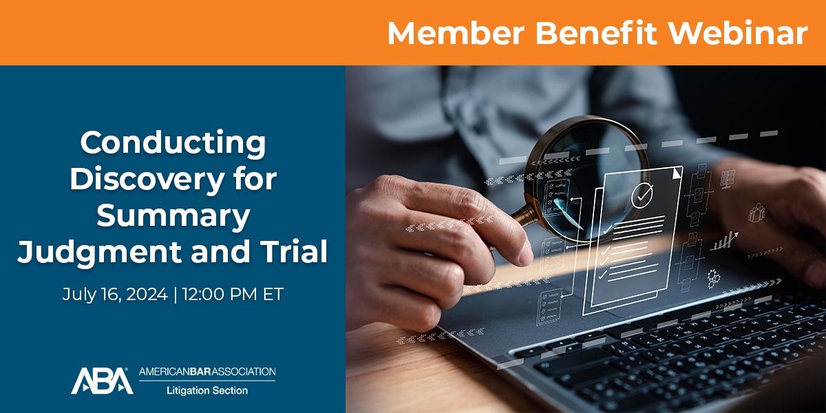 ABALitigation's tweet photo. Last chance to register for tomorrow’s webinar, “Conducting Discovery for Summary Judgment and Trial,” at 12 PM ET! Thank you to @ABAYLD for co-sponsoring! Litigation and YLD members can register for free: https://t.co/xaon9YxpfW https://t.co/IccGUjWOZg