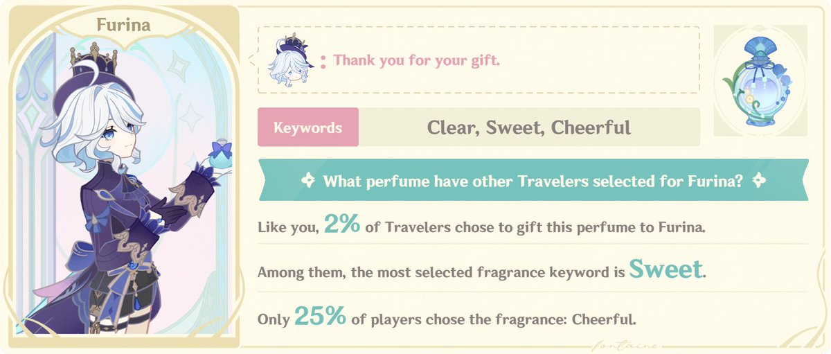 furilumitxt's tweet photo. #furilumi / furina's responses in the fragrant fantasy web event ! https://t.co/4S2jlwv3bM