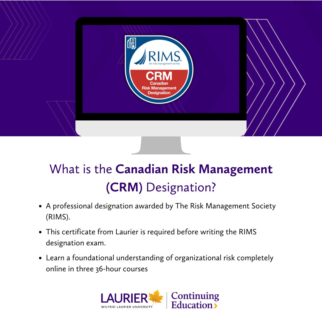 LaurierConEd's tweet photo. Want to work in financial institutions, IT or management roles? Add Risk Management to your resume!

Earn a CRM designation from @RIMSorg by completing three upcoming courses through @Laurier: https://t.co/gOASY19uTE https://t.co/Yp02p2mWrw