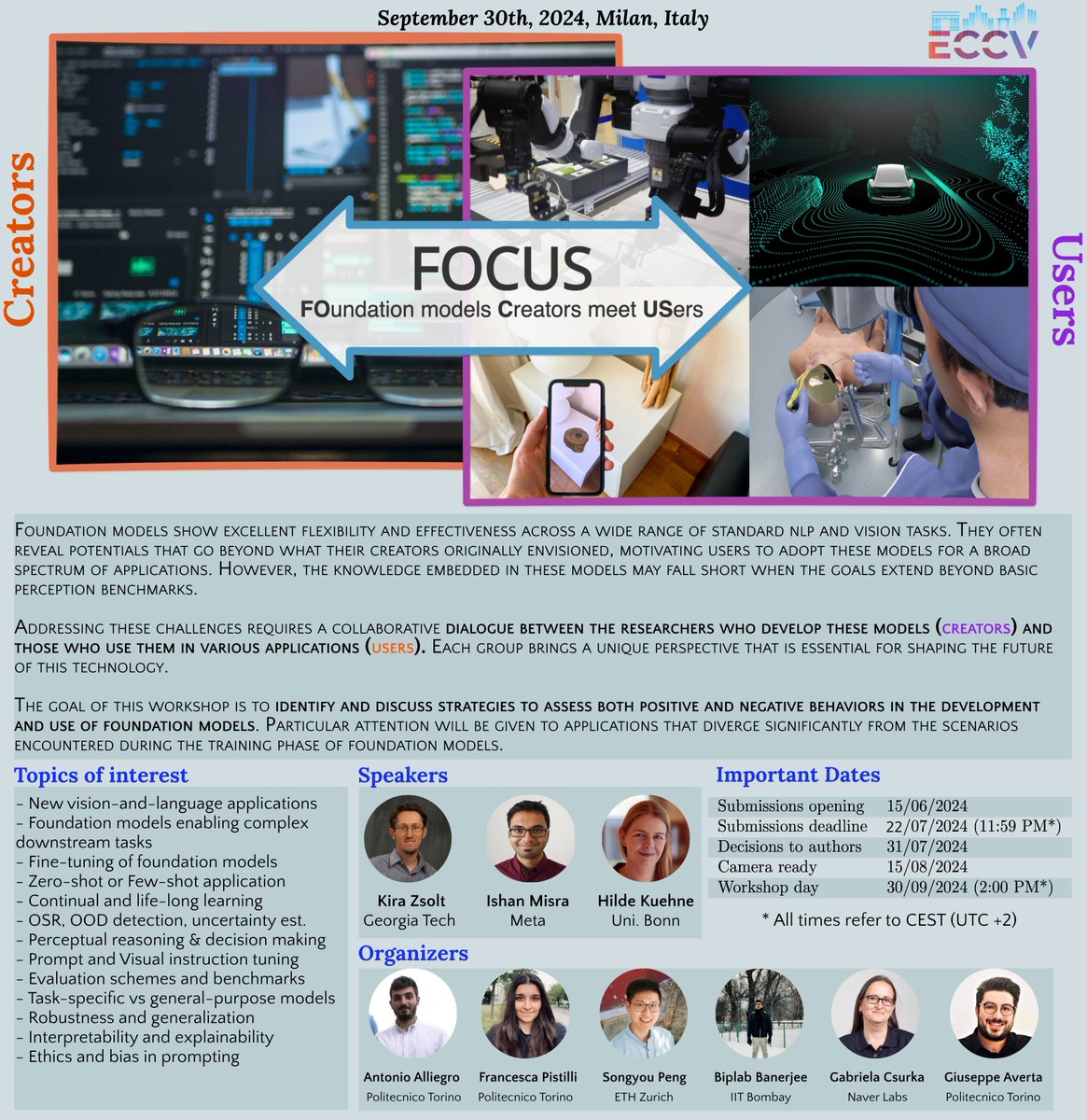 Antonio Alliegro (@alliegroantonio) on Twitter photo 🚨 Important Update: we’ve extended the paper submission deadline for the FOCUS workshop at ECCV24
<a href="/eccvconf/">European Conference on Computer Vision #ECCV2026</a>
! 🚀
🗓️New deadline: July 22nd, 2024. Don’t miss out —
submit your papers now!
More info: focus-workshop.github.io 🚨 Important Update: we’ve extended the paper submission deadline for the FOCUS workshop at ECCV24
<a href="/eccvconf/">European Conference on Computer Vision #ECCV2026</a>
! 🚀
🗓️New deadline: July 22nd, 2024. Don’t miss out —
submit your papers now!
More info: focus-workshop.github.io