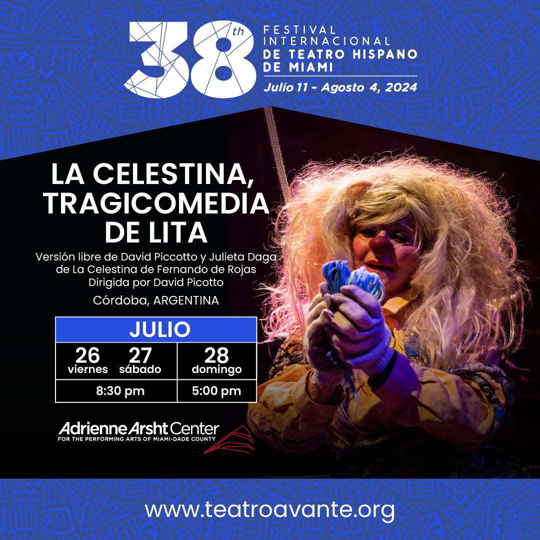 IhtfM's tweet photo. ARGENTINA
La Celestina, tragicomedia de Lita
Obra de clown puro. Las voces de Calisto y Melibea atraviesan a Lita que está en permanente riesgo de muerte. Con sus manos debe sostener una escenografía que se le ha caído encima. Todo pende de un hilo y ya no le quedan fuerzas
@ArshtCenter @ARGenMiami 
Carnival Studio Theater
1300 Biscayne Boulevard, Miami 🎟️https://t.co/bzym0CAZRE