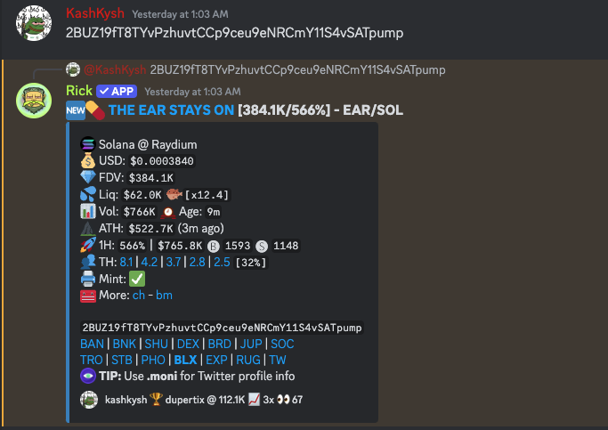 KashKysh's tweet photo. Caught a 100x on $EAR in a private group, didn’t have time to share on TG unfortunately

I’ll hold a $1000 giveaway tomorrow on both X and TG, likes and RTs will be considered 👀

Market choppy but KashKysh keeps cooking, on to the next one now 

Notis on 🔔