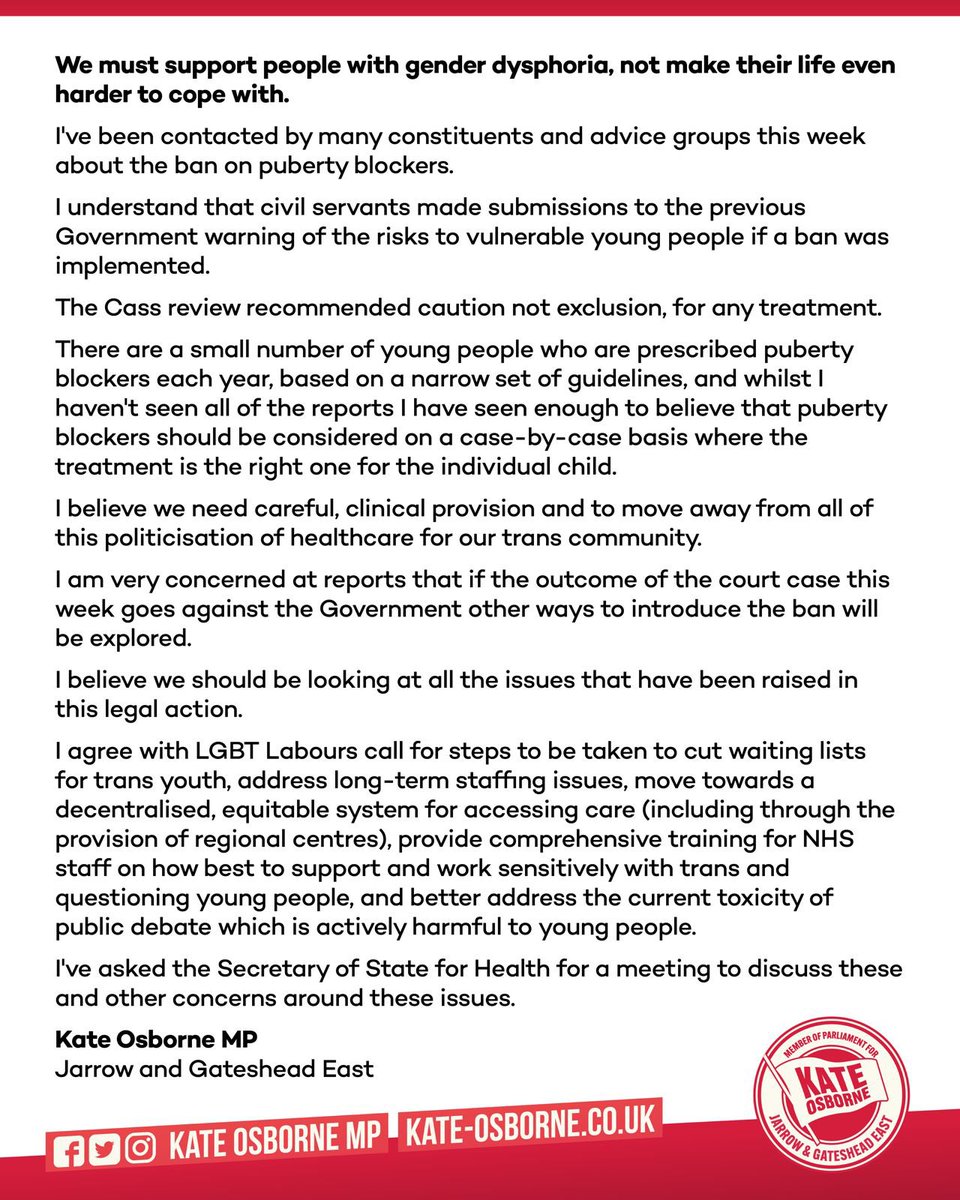 We must support people with gender dysphoria, not make their life harder to cope with.

We need careful, considered clinical provision for our trans community.

My statement on puberty blockers comes after much discussion with MPs, constituents &amp; groups over last 2 days.
