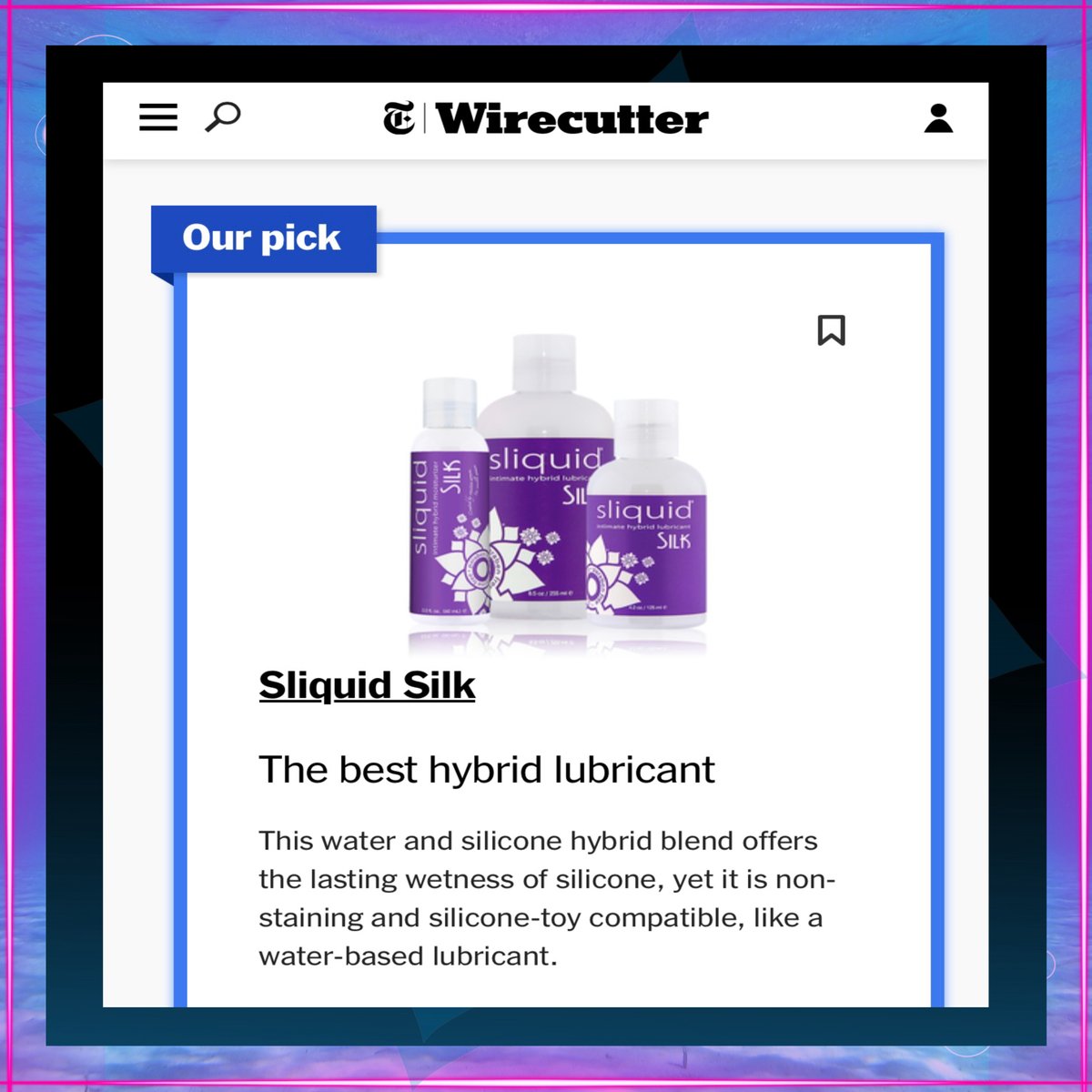 sliquid's tweet photo. NYTimes Wirecutter BEST Hybrid Lubricant 2024
#sliquid #sliquidsilk #hybridlube #personallubricant https://t.co/io1bGDgp9R