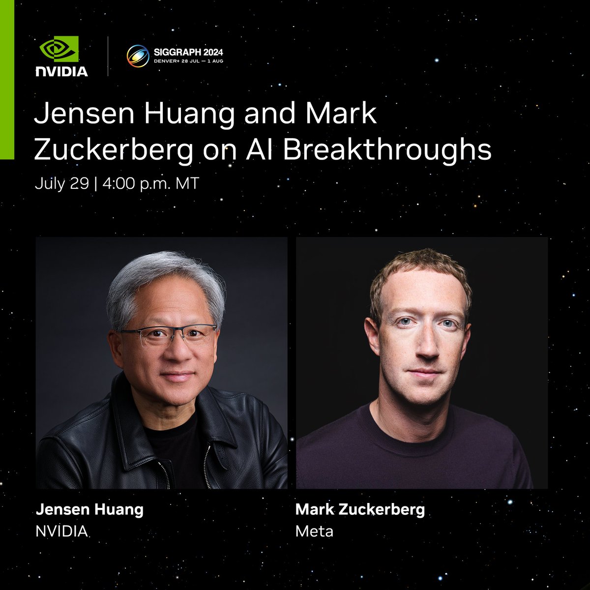 We’re excited to announce that our CEO Jensen Huang will be joined by <a href="/Meta/">Meta</a> CEO Mark Zuckerberg to discuss how research enables AI breakthroughs at #SIGGRAPH2024. Attend the discussion to learn about the intersection of #generativeAI and virtual worlds. nvda.ws/3W3nOoI
