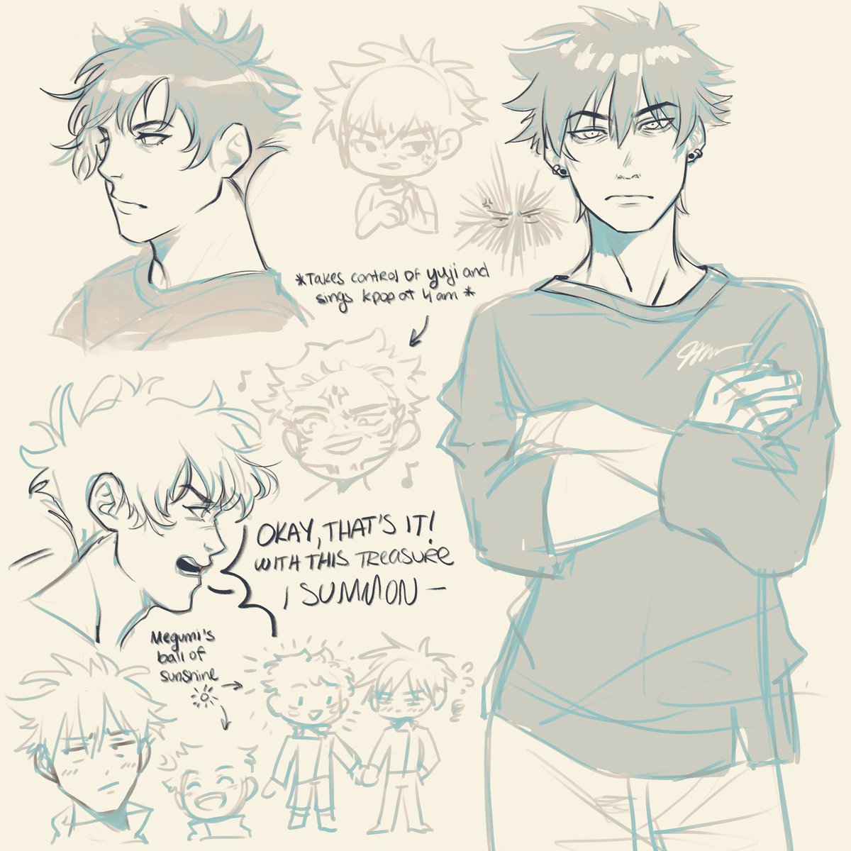 sukuna, gojo, and megumi doodles (ft. satosugu 🐟 and itafushi 🍡)

#art #jjk #fanart