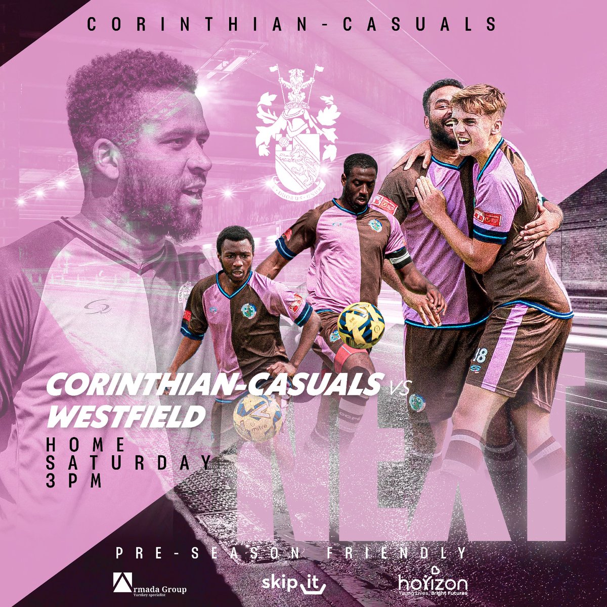 It's our first home pre-season friendly this Saturday and we're looking forward to seeing the Casuals faithful again!

⚽️ Corinthian-Casuals v <a href="/westfield_fc/">Westfield FC</a>

📍 The Armada Group Stadium, King George's Field, KT6 7NA
🕒 Saturday, 3pm
🏆 Pre-Season Friendly

Graphic: @stuarttree