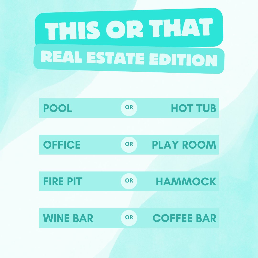 Assist2Sell's tweet image. 🏡 This or That: Real Estate Edition! 🏡

Which would you choose? 🤔

Pool 🏊‍♂️ or Hot Tub 🛁
Office 🖥️ or Play Room 🎨
Fire Pit 🔥 or Hammock 🌴
Wine Bar 🍷 or Coffee Bar ☕

Share your picks with us! 👇

#RealEstate #ThisOrThat #HomeFeatures #Assist2Sell