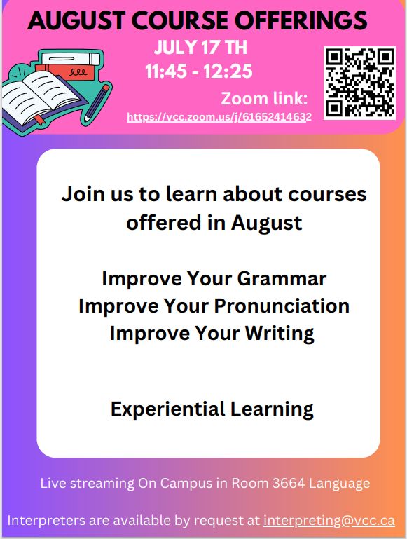 vccesl's tweet photo. Please join us Wednesday for our next Lunch and Learn about course offerings for August! https://t.co/EP7n0Jo5yL
