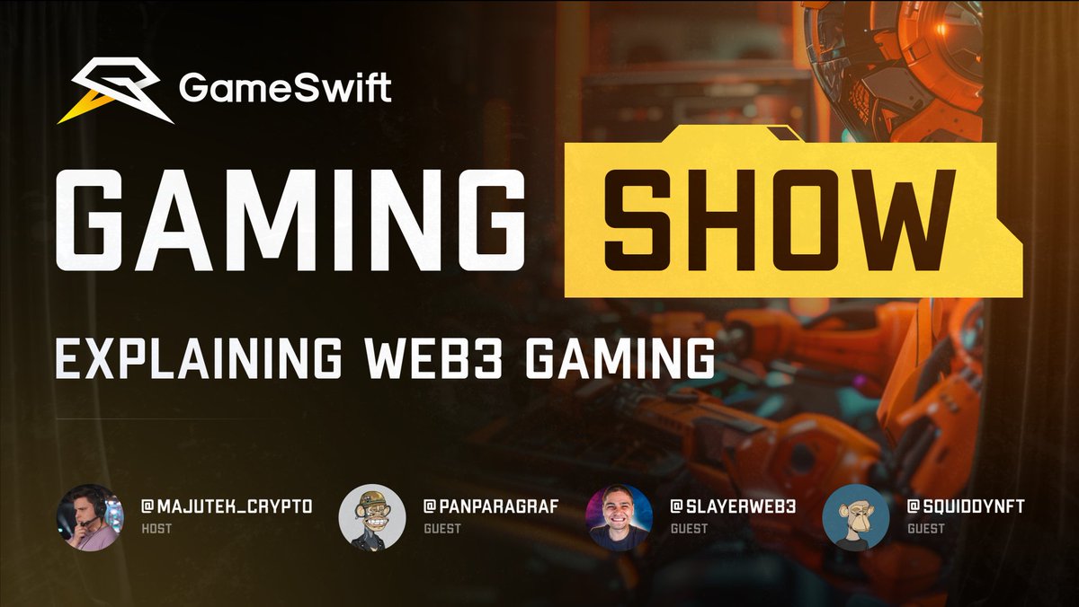 Love gaming? 🥰

Then this one's for you! Introducing #GameSwiftGamingShow – a live broadcast showcasing our growing game library.

BY gamers, FOR gamers.

Keep up with the latest in web3 gaming with our gamer-in-chief: <a href="/Majutek_lol/">Rafał 'Majutek' Szczepanek</a>

Join us tomorrow for the opening event!👇