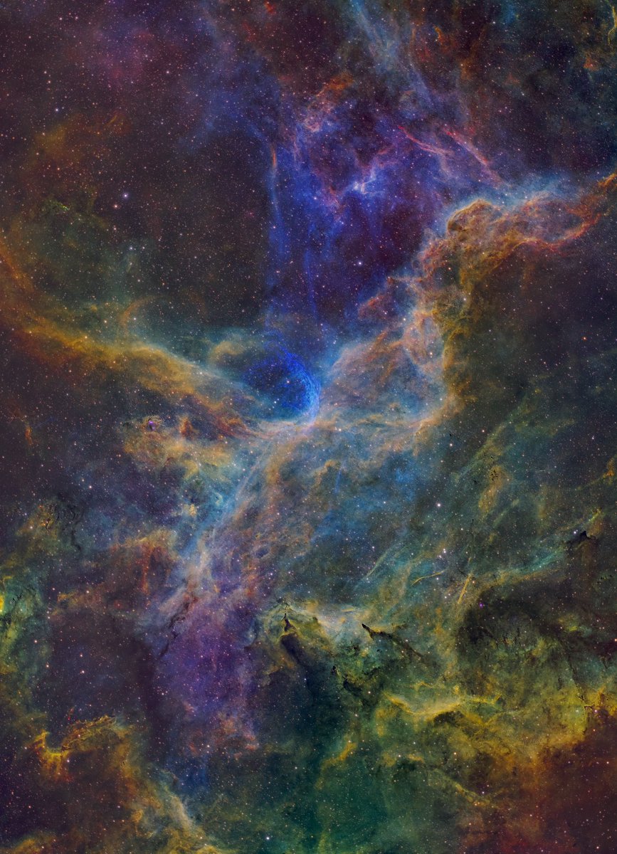 Check out these colors!

Astrophotographer Jonathan Hayton used a Sharpstar 61mm refractor to capture this image of Wolf-Rayet star 134 and surrounding nebulosity. 40 hours of data across multiple wavelengths helped to produce some stunning color variety! bit.ly/3W3eoth