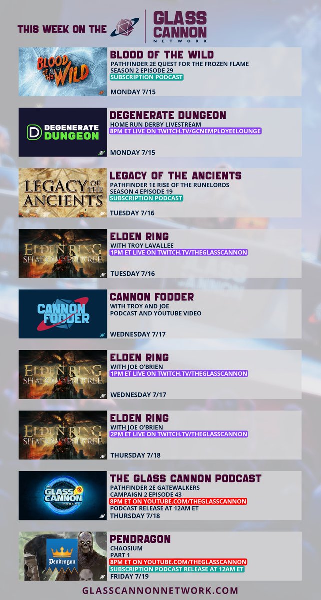 glasscannonpod's tweet photo. BIG WEEK! Cannon Fodder returns, Joe and Troy have dueling Elden Ring streams, The Glass Cannon Podcast gets a moment to enjoy their latest victory, and Part 1 of our 3 Part Pendragon series hits YouTube THIS FRIDAY! https://t.co/ct25L7H5WB