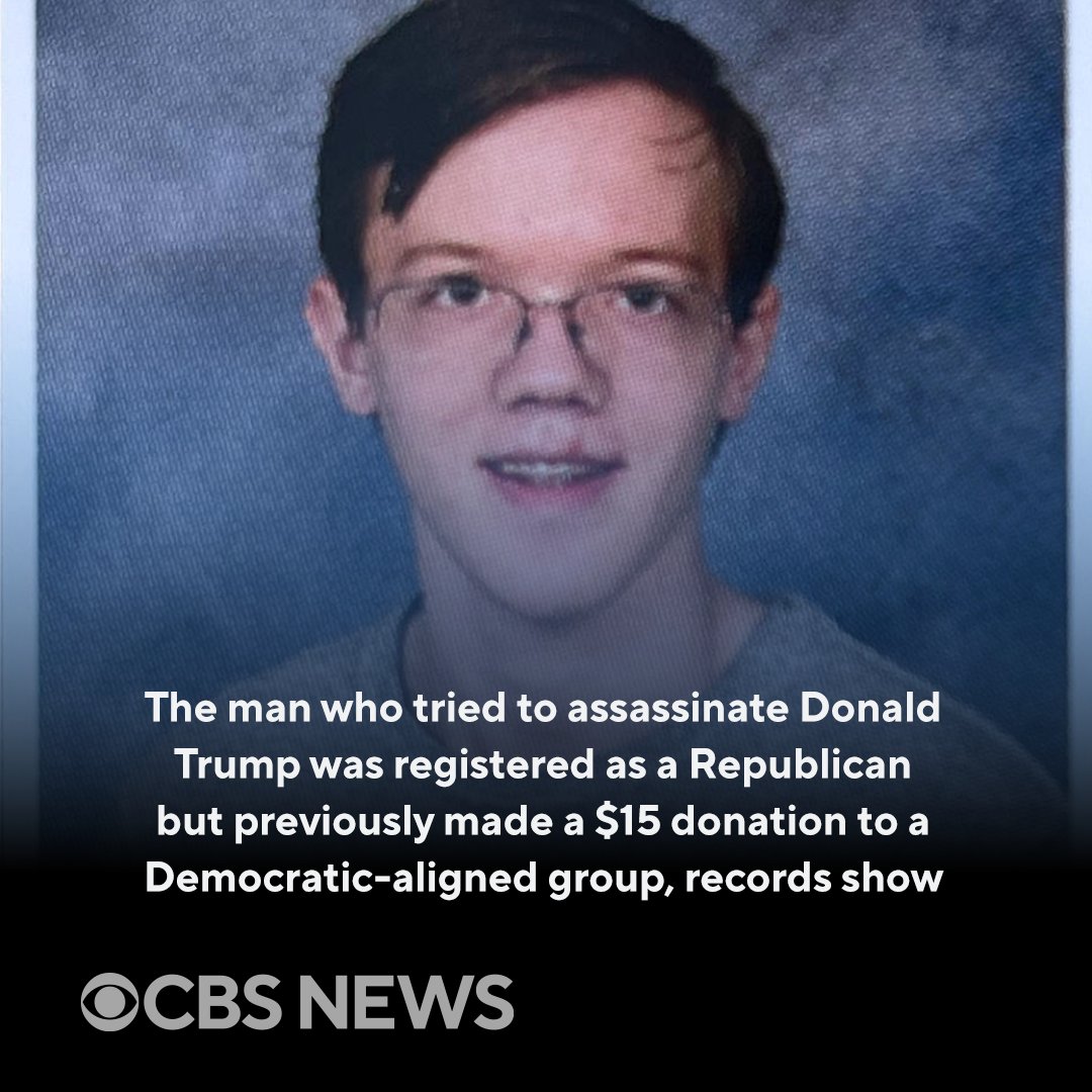 CBSNews's tweet photo. The FBI identified the man who tried to assassinate former President Trump at a rally in Pennsylvania on Saturday as 20-year-old Thomas Matthew Crooks, of Bethel Park, Pennsylvania. Here's what we know so far. https://t.co/mOjTmy67D0 https://t.co/w1IV2cZavr