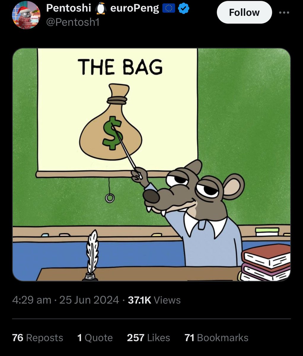 SilvXBT's tweet image. Trillionaire market maker &amp;amp; renowned NFT collection founder Pentoshi was given 0.5% supply of a shitter and he insta dumped it on followers

His wallet:
8QZdp5nrFhQbiSVvaXhL8cjCeUsd7ZwPybEyzibTiZAH

Posted one meme, Joined two spaces and then dumped it, 71k + 15k over Jupiter DCA