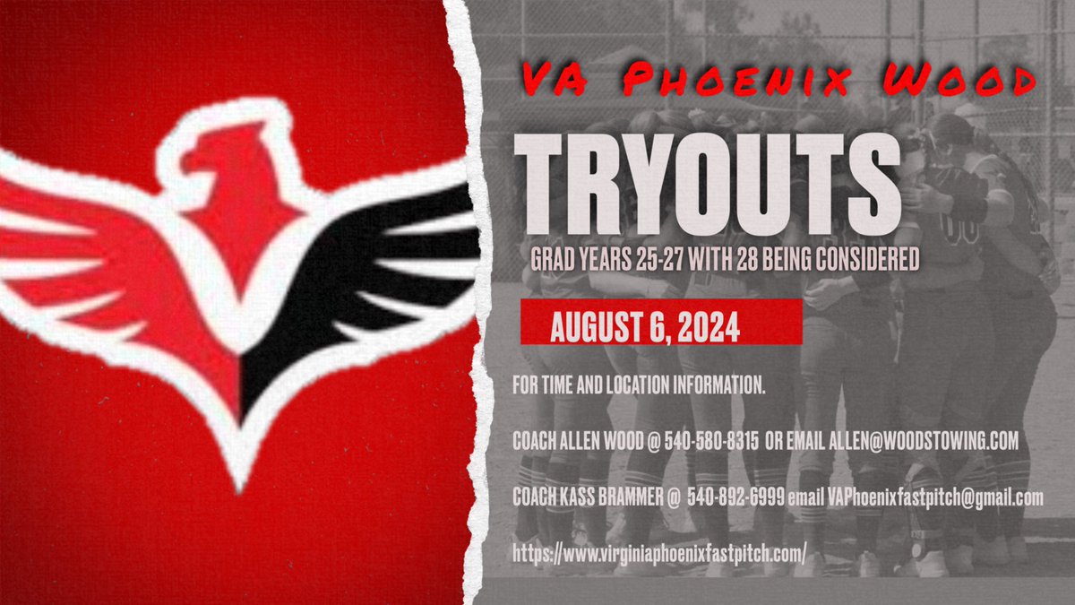 Save the date!! 8/6/2024 Tryouts for Virginia Phoenix-Wood!  DM here or contact info on graphic! ❤️🖤<a href="/AllenWoodTow/">Allen Wood</a> @k_braaam