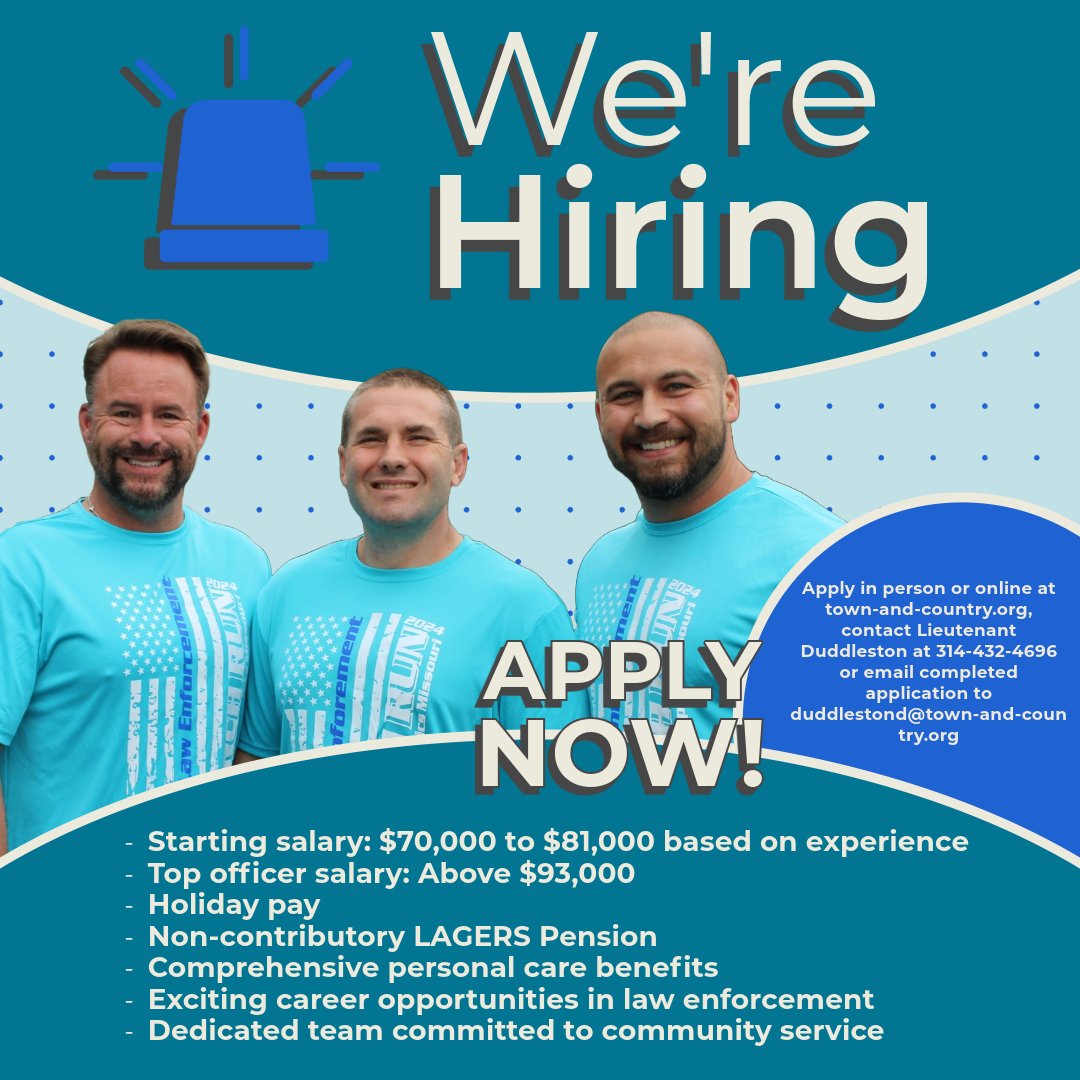 Join our team! Town &amp; Country PD is hiring new officers. Enjoy incredible benefits, strong community support, and a secure retirement plan. Apply today and make a difference! 🚓📷 #JoinOurTeam #TownAndCountryPD