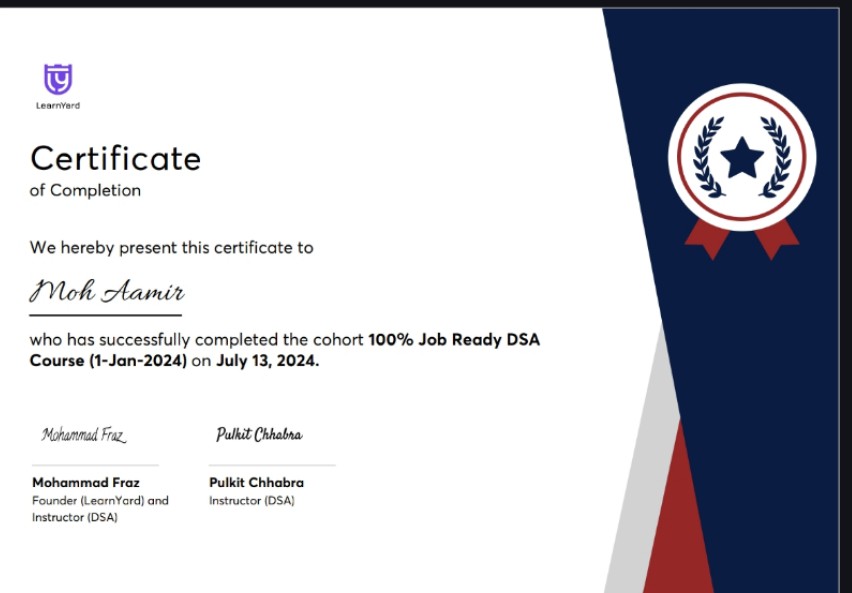 M_Aamir07's tweet photo. Finally another step is complete of #CrackYourInternship and #CrackYourPlacement. 
#DSA #Java https://t.co/36AAqEP5aU