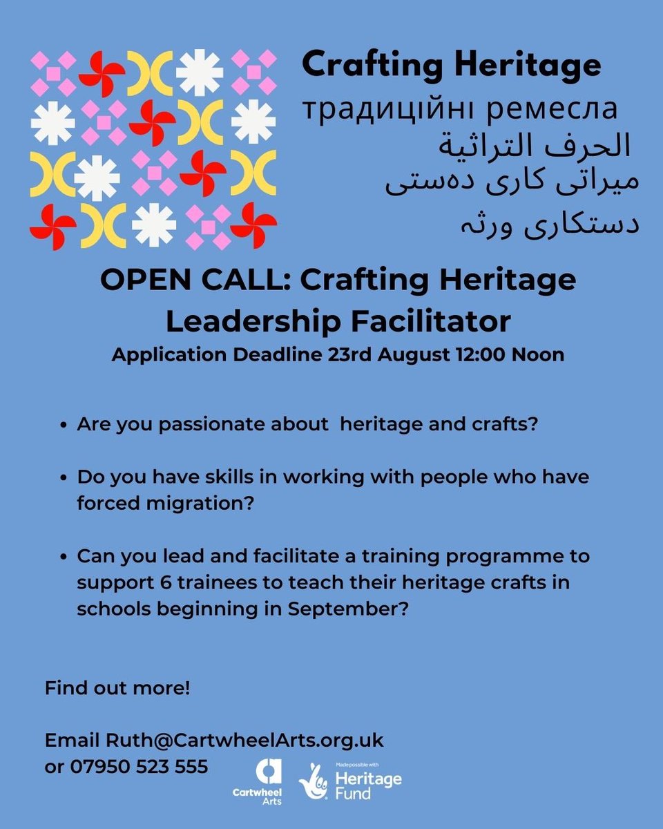 Cartwheel Arts (@cartwheelarts) on Twitter photo Recruiting for this exciting role with our #CraftingHeritage project celebrating sharing & conserving the craft traditions of #Rochdale communities who have experienced forced migration Pls share <a href="/comartsnw/">Community Arts NW</a> <a href="/afrocatsmcr/">Afrocats</a> <a href="/ManchesterCraft/">Manchester Craft and Design Centre</a> @Touchstones @YourTrustRdale Recruiting for this exciting role with our #CraftingHeritage project celebrating sharing & conserving the craft traditions of #Rochdale communities who have experienced forced migration Pls share <a href="/comartsnw/">Community Arts NW</a> <a href="/afrocatsmcr/">Afrocats</a> <a href="/ManchesterCraft/">Manchester Craft and Design Centre</a> @Touchstones @YourTrustRdale