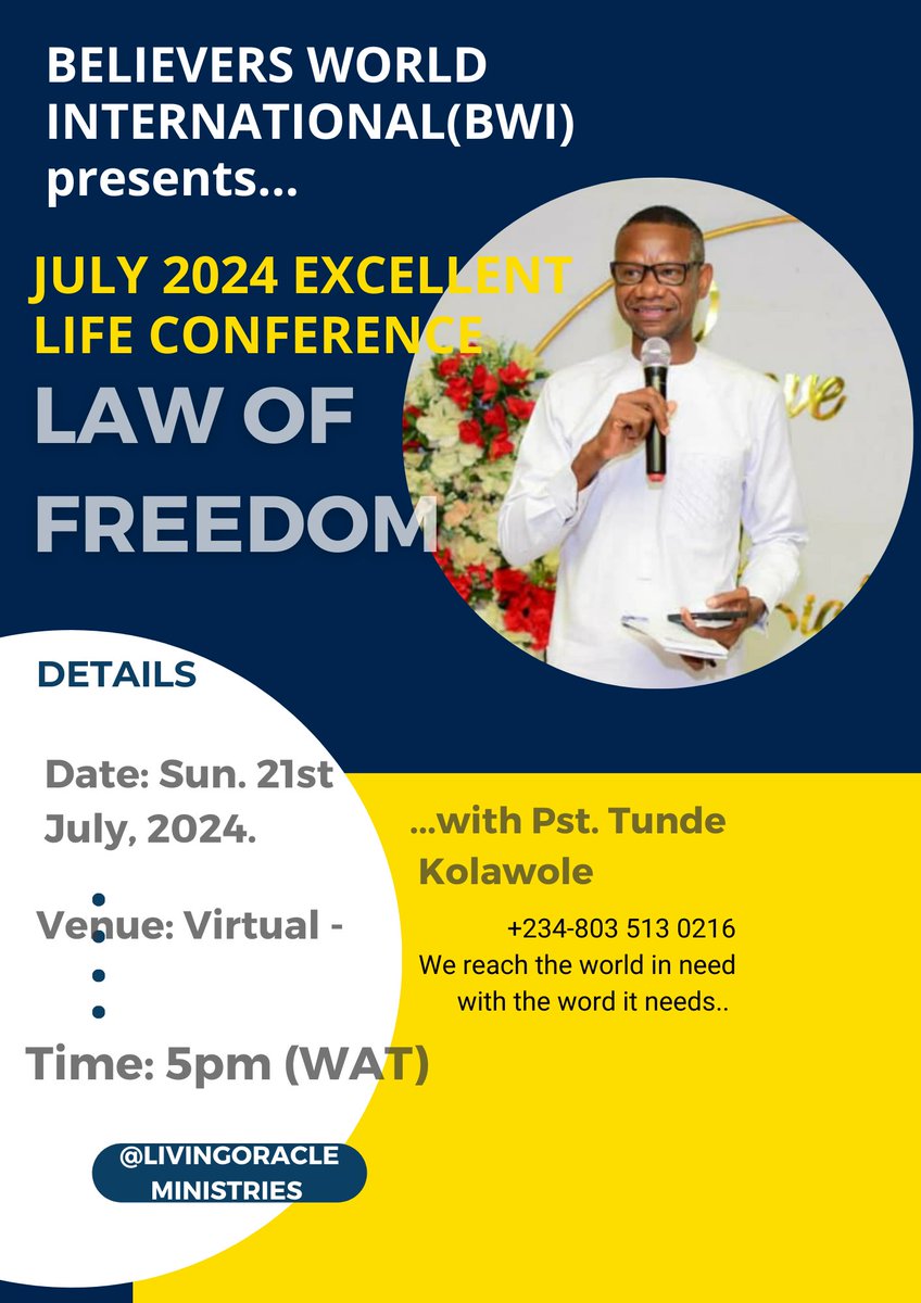 OPastork68's tweet photo. Text: 1 Corinthians 6:12 

Olutunde Kolawole is inviting you to a scheduled Zoom meeting.

Topic: JULY 2024 EXCELLENT LIFE CONFERENCE 
Time: Jul 21, 2024 05:00 PM West Central Africa

Join Zoom Meeting
https://t.co/H9tqL4HDOL

Meeting ID: 790 7521 9394
Passcode: JELC24 https://t.co/1gKBH9KpWm