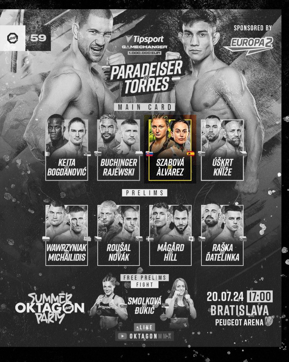 🚨Aitana Álvarez Fight Week🚨 

<a href="/aitanalvarezmma/">AITANA ÁLVAREZ</a> (6-5) takes on unbeaten Lucia Szabová (7-0) this Saturday in Bratislava at OKTAGON 59: Summer Party.

After a dominating win in Birmingham against Megan Morris we can’t wait to see the always exciting Aitana back in the cage!