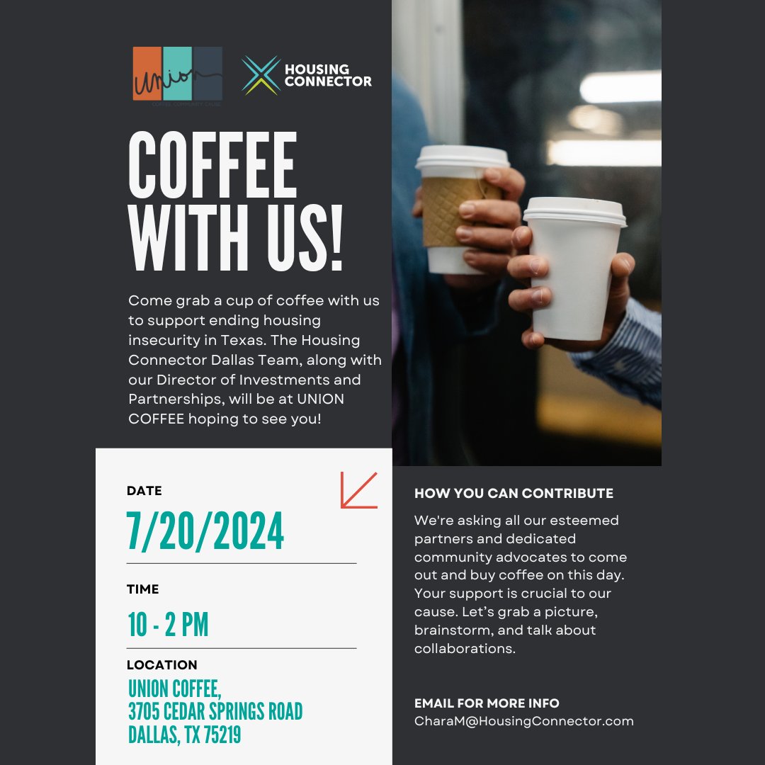 housingconnctor's tweet photo. Join our Dallas, Texas team this week for a "Shot of Generosity" at @Uniondallas Saturday, July 20th, 10 am - 2 pm, Union Coffee, 3705 Cedar Springs Road, Dallas, Texas #DallasHousing #DallasTexas #Dallasnonprofit #housingforall #poweredbytech #technologypowered #housing https://t.co/wHO6vUzzSU