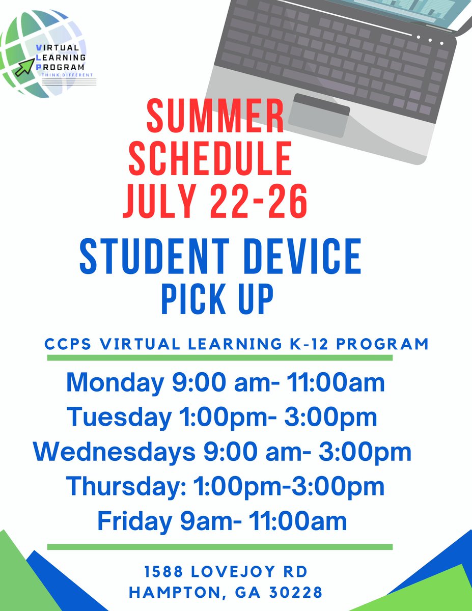 Get ready to power up your learning! 📚 

All NEW Students can pick up your device from the CCPS Virtual Learning Program on July 22-26! 📅 

Don't miss out on these dates and times: 

Monday 9am-11am, 
Tuesday 1pm-3pm, 
Wednesday 9am-3pm, 
Thursday 1pm-3pm,
 Friday 9am-11am.