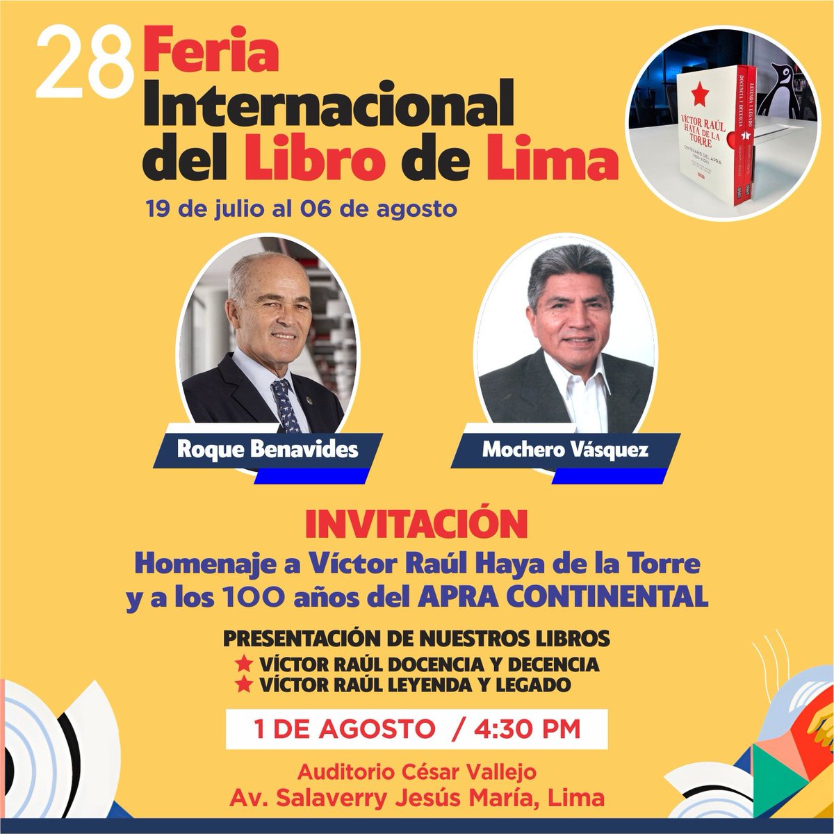 Gran Homenaje a VRHT a los 45 años de su partida y los 100 años  de Fundación del APRA Continental. 
Acompañemos a
<a href="/Roque_Benavides/">Roque Benavides</a> y
<a href="/mocherovasquez/">Mochero Vásquez</a> 
“El APRA… siempre con el pueblo”
<a href="/ApraJovenPe/">APRA JOVEN</a> 
<a href="/ApraInscripcion/">Inscripción APRA</a> 
<a href="/COMISIONAPRA/">COM. POLITICA APRA</a> 
<a href="/APRA_PL/">APRA Pueblo Libre</a> 
<a href="/APRA_Lince/">APRA Lince</a>