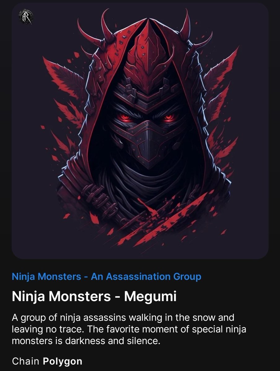 NinjaMonsters's tweet photo. Ninja Monsters-An Assassination Group

You are invited to this world, which is a collection of PFPs and where you will be lost among thousands of 1/1 Ninjas.🥷👹

FLOOR PRICE : 0.005 #Polygon ☯️
OWNERS: 009 👹🥷🏻

👇 https://t.co/QoKDJZi5Cy